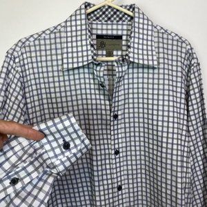 JHane Barnes JHB Men's button up cotton gray blue white shirt plaid slim fit L